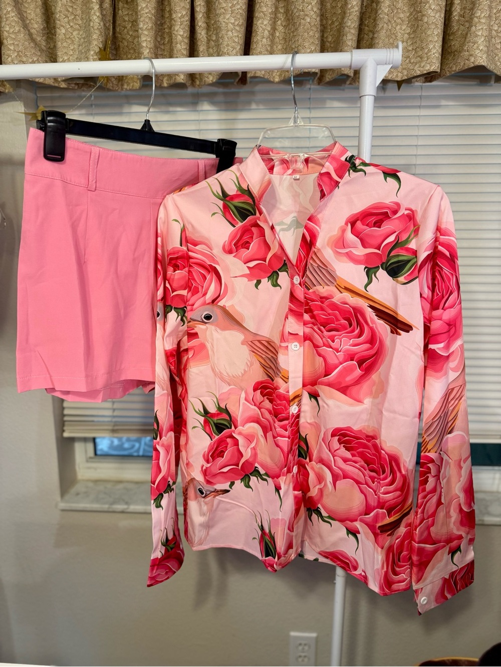 Pink Floral Button-Up Blouse with Matching Pink Shorts -Size XS